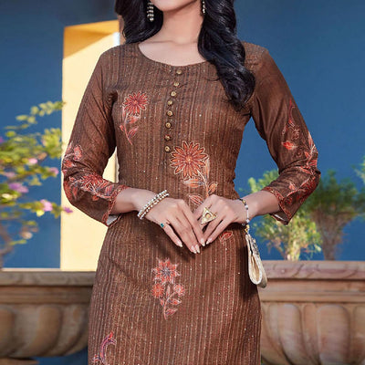 Brown Sequins Embroidered Cotton Silk Kurti