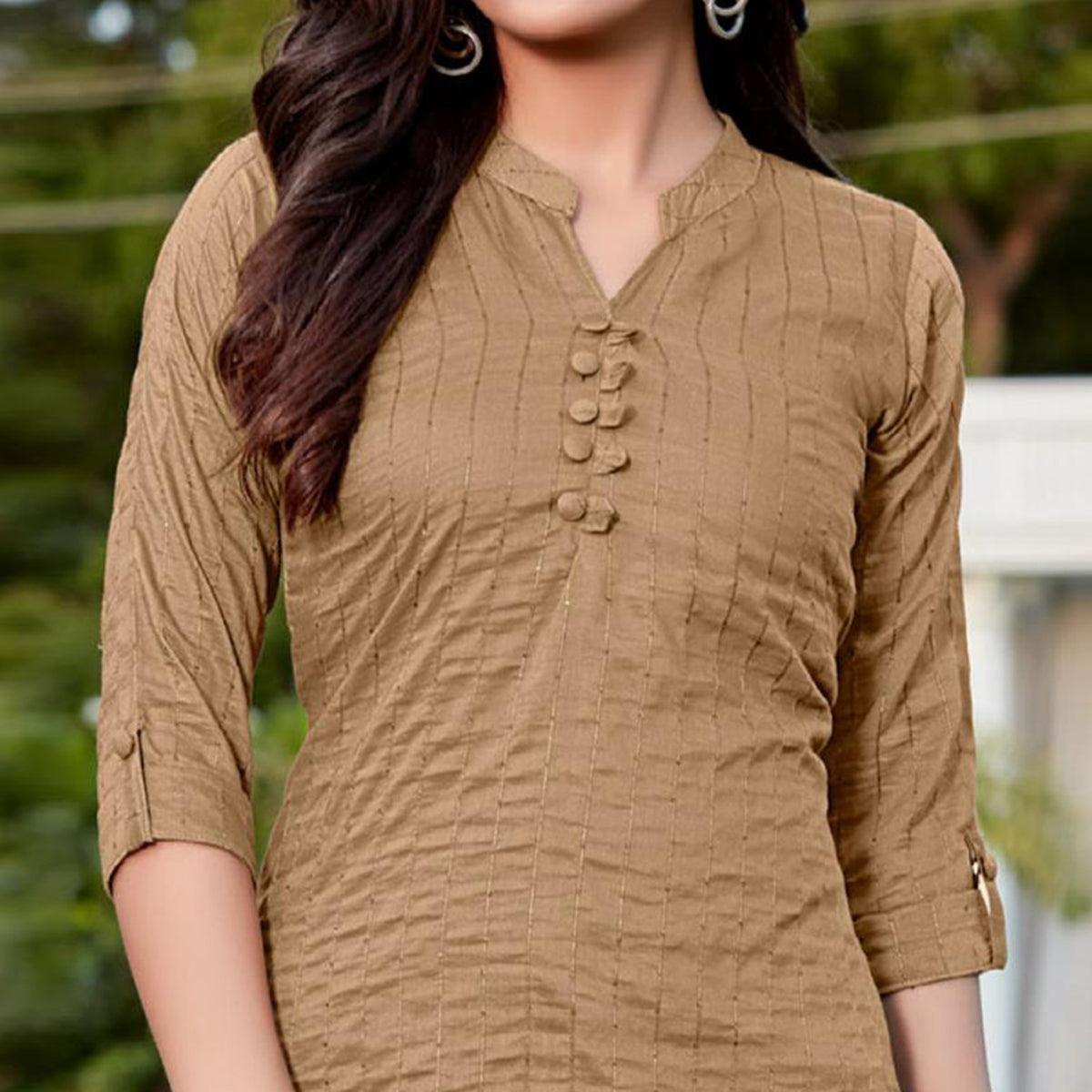 Brown Sequins Embroidered Cotton Silk Top