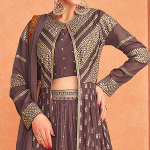 Brown Sequins Embroidered Georgette Lehenga Choli With Jacket
