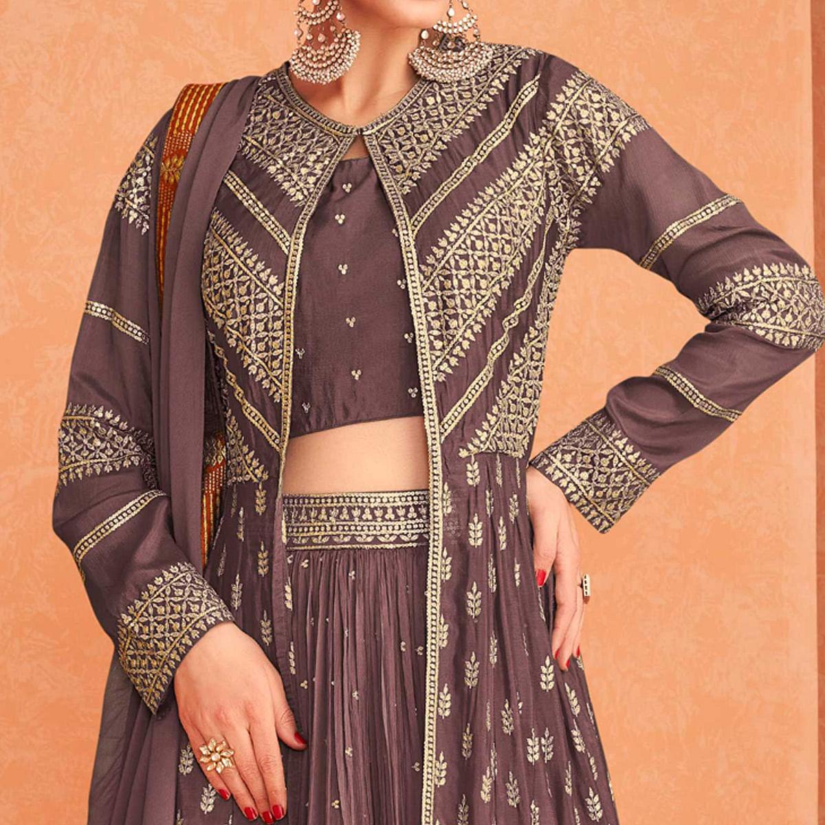 Brown Sequins Embroidered Georgette Lehenga Choli With Jacket