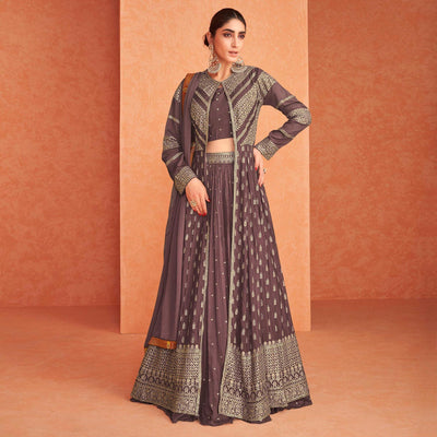 Brown Sequins Embroidered Georgette Lehenga Choli With Jacket