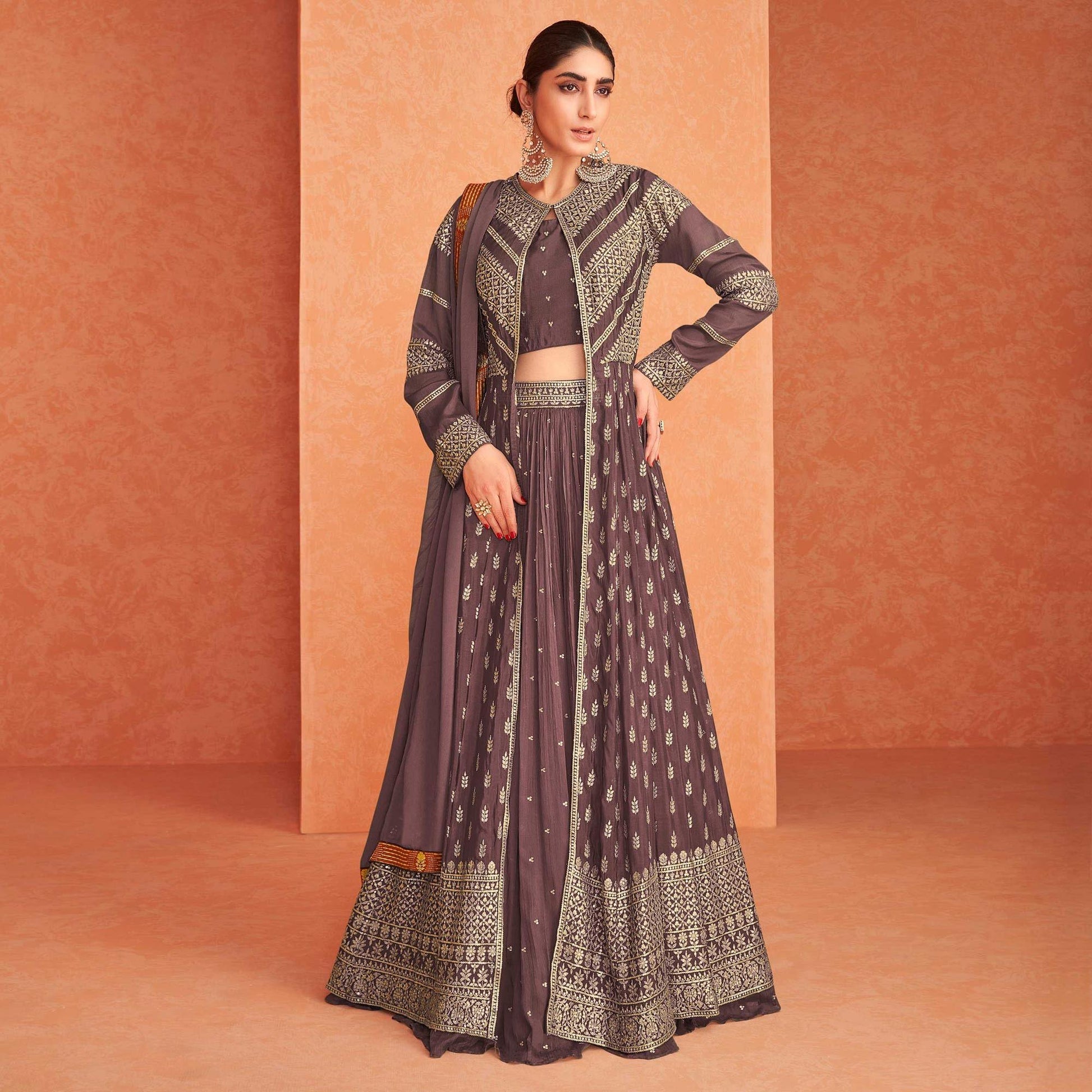 Brown Sequins Embroidered Georgette Lehenga Choli With Jacket