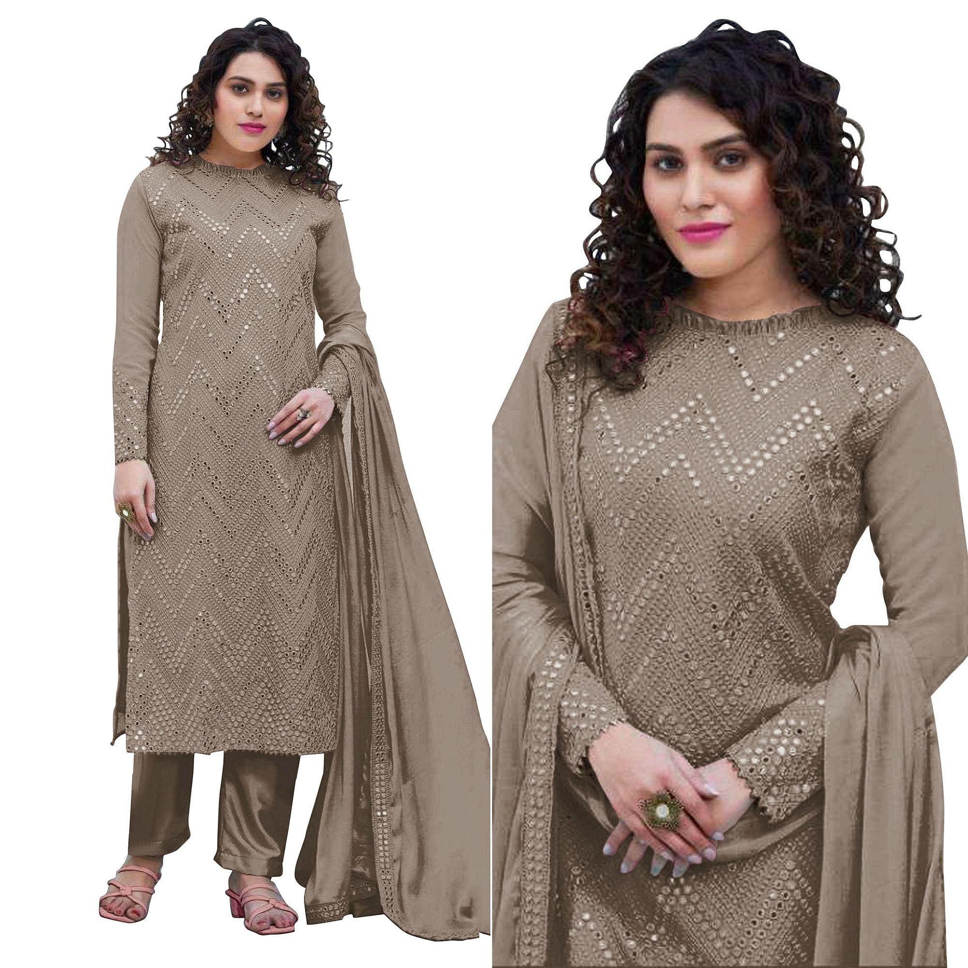 Brown Sequins Embroidered Georgette Suit