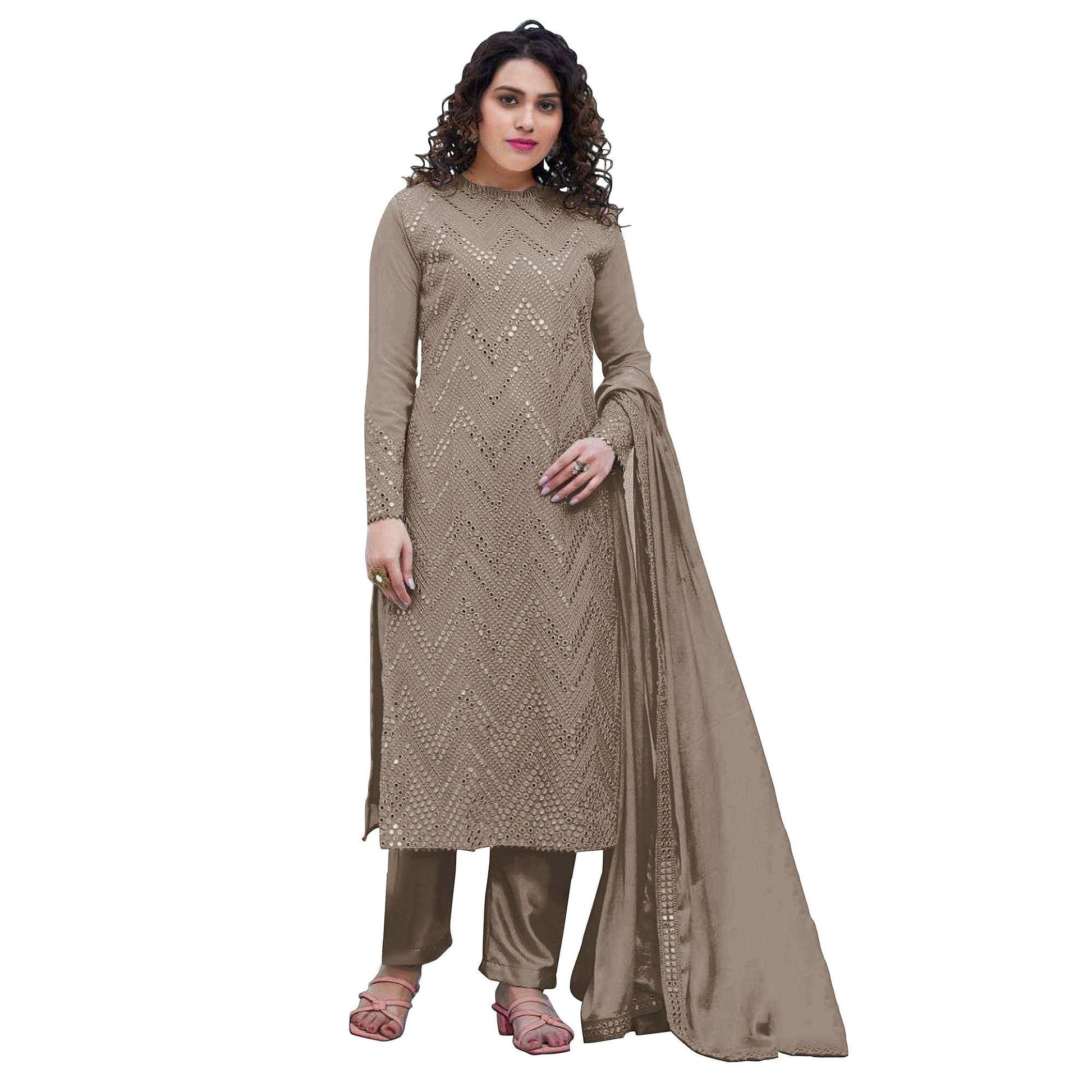 Brown Sequins Embroidered Georgette Suit