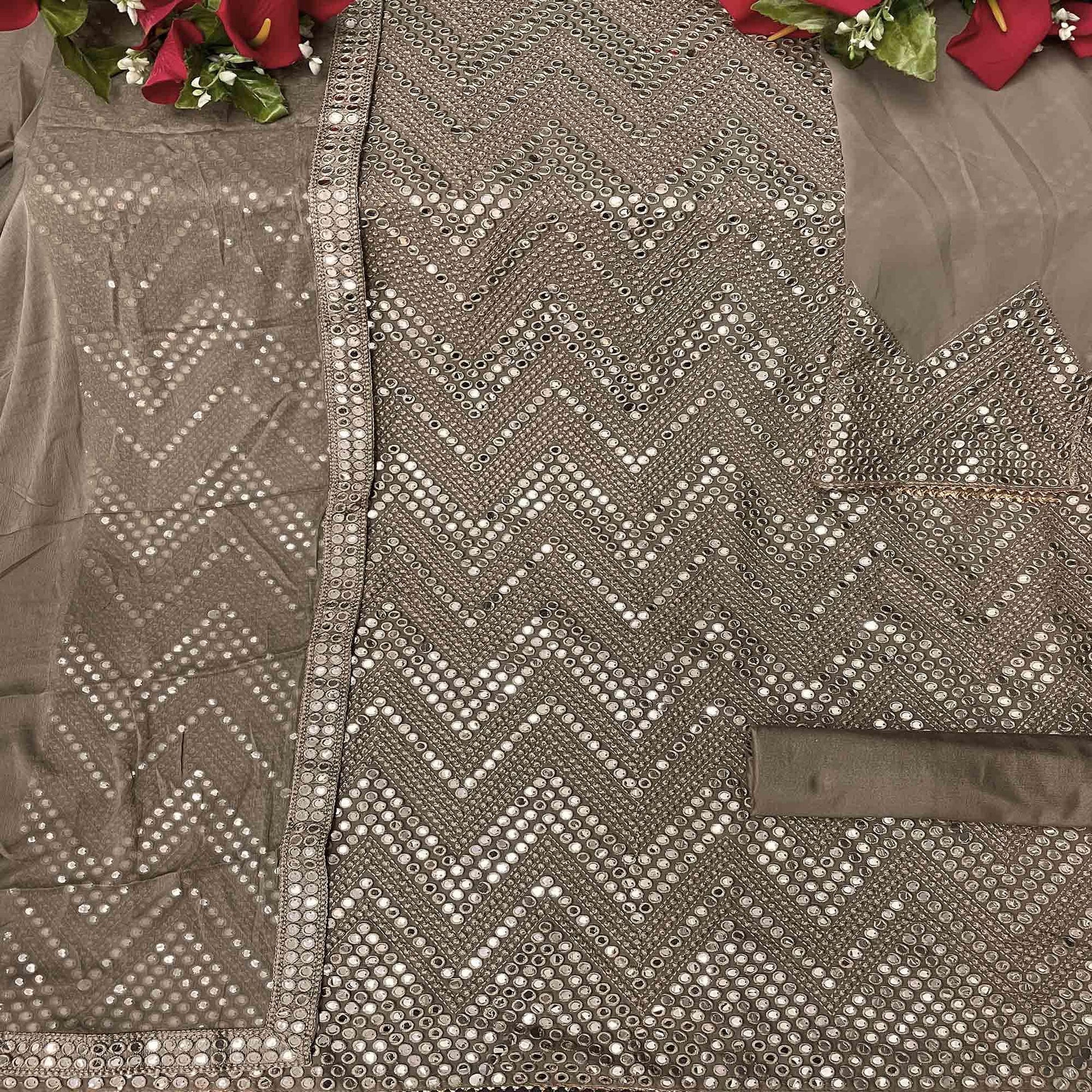Brown Sequins Embroidered Georgette Suit