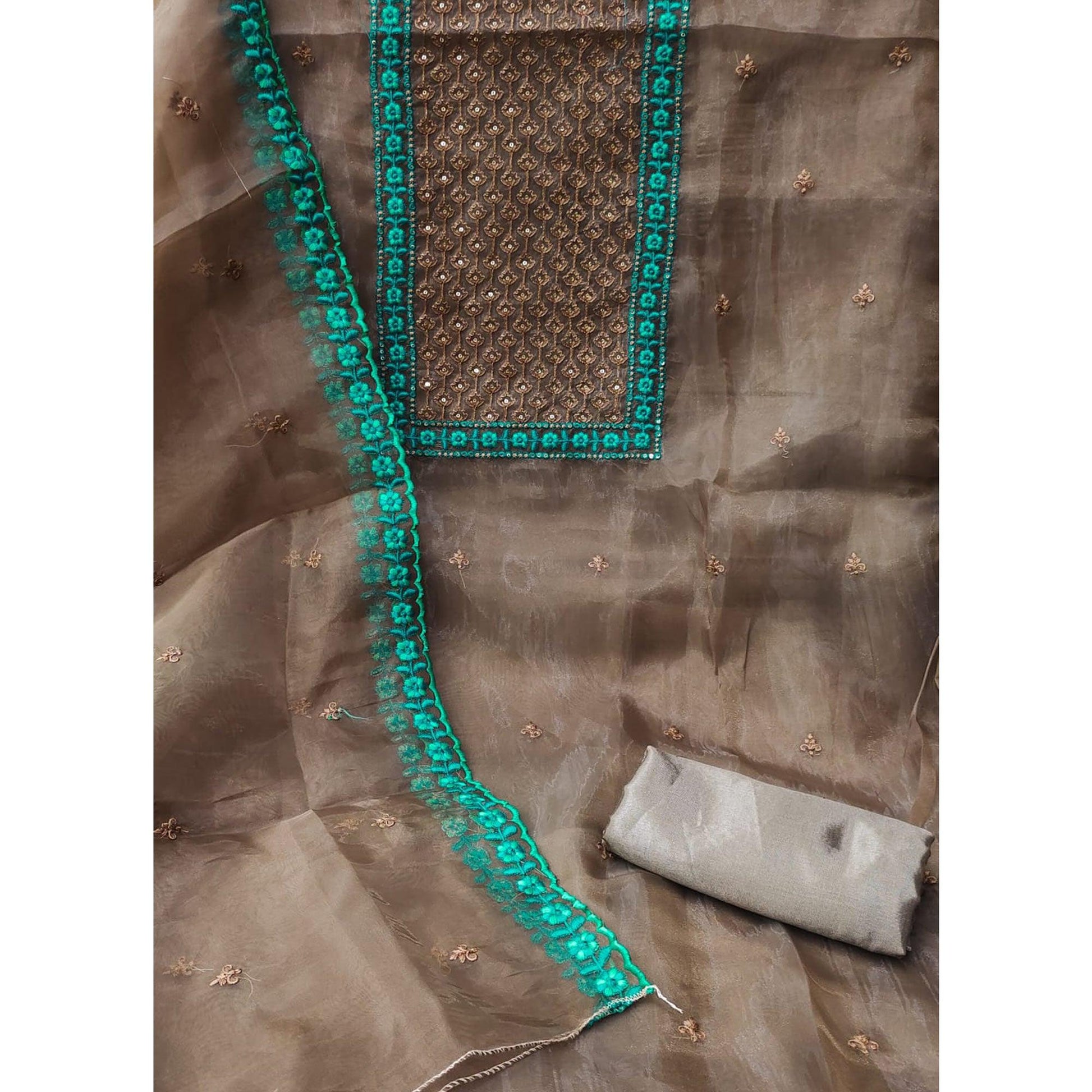 Brown Sequins Embroidered Organza Dress Material