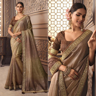 Brown Sequins Embroidered Organza Saree