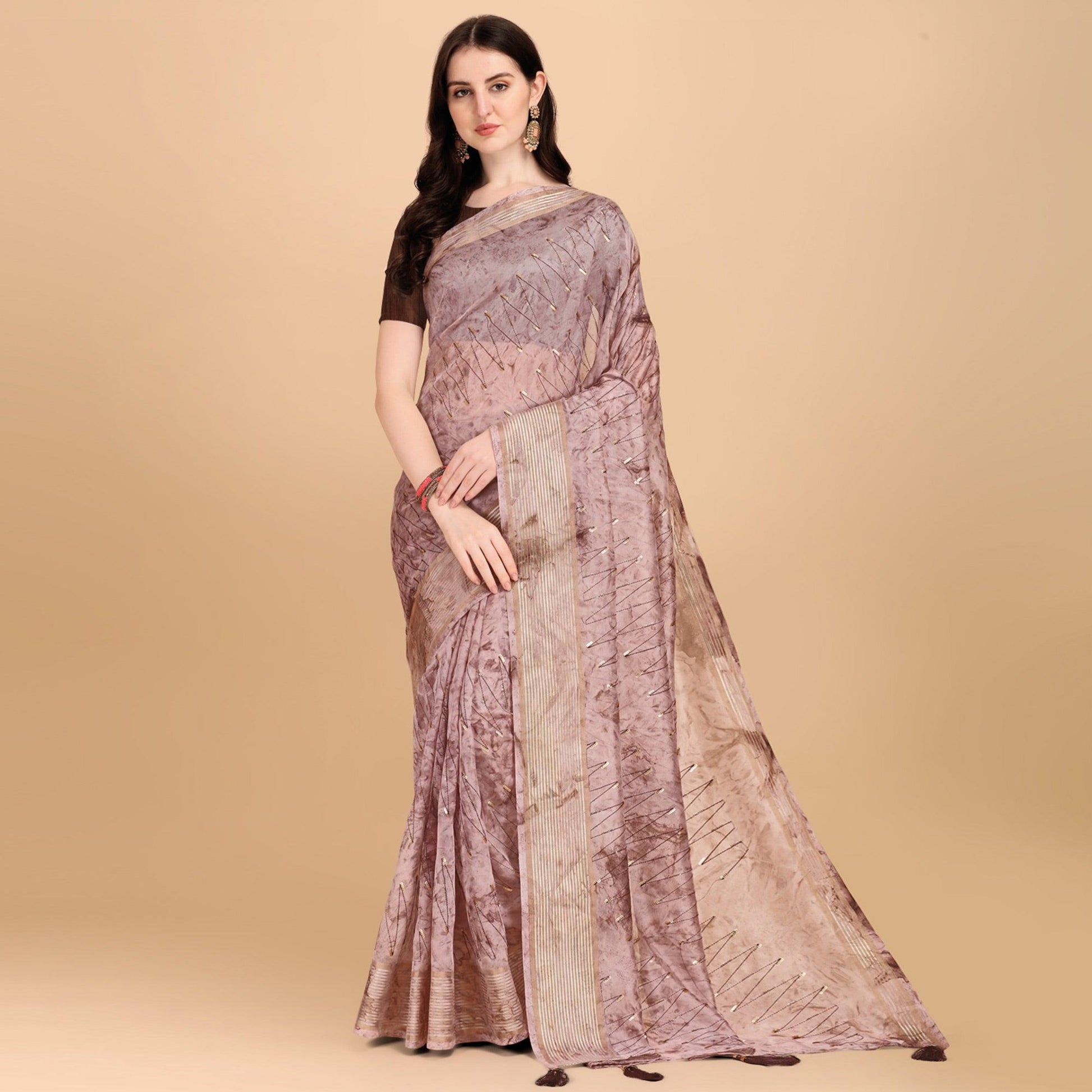 Brown Sequins Embroidered Organza Saree
