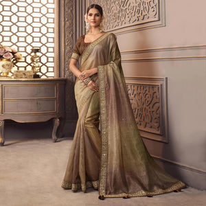 Brown Sequins Embroidered Organza Saree