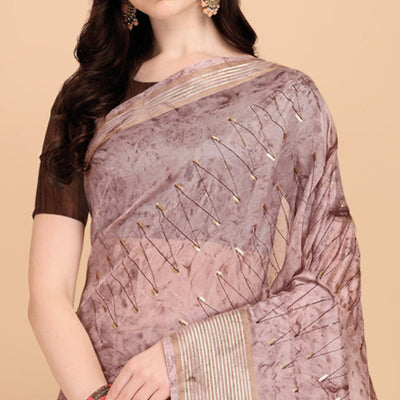 Brown Sequins Embroidered Organza Saree