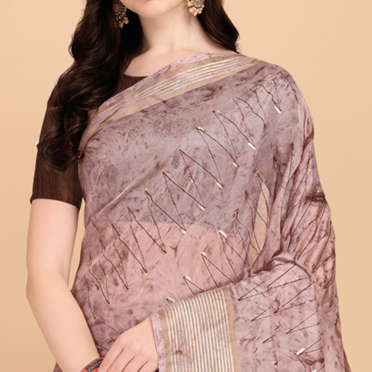 Brown Sequins Embroidered Organza Saree