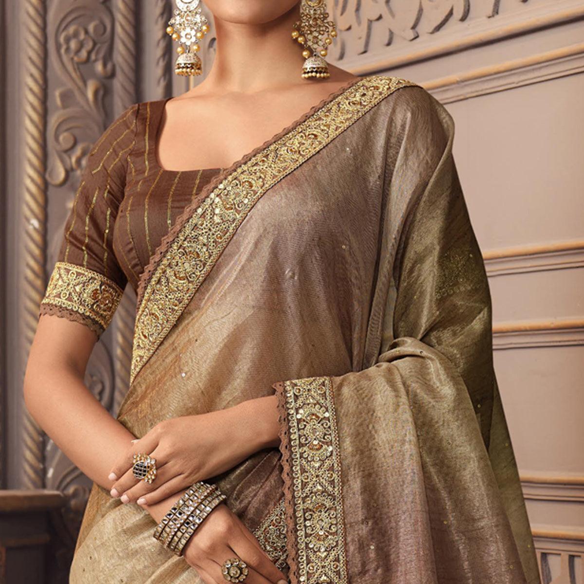 Brown Sequins Embroidered Organza Saree