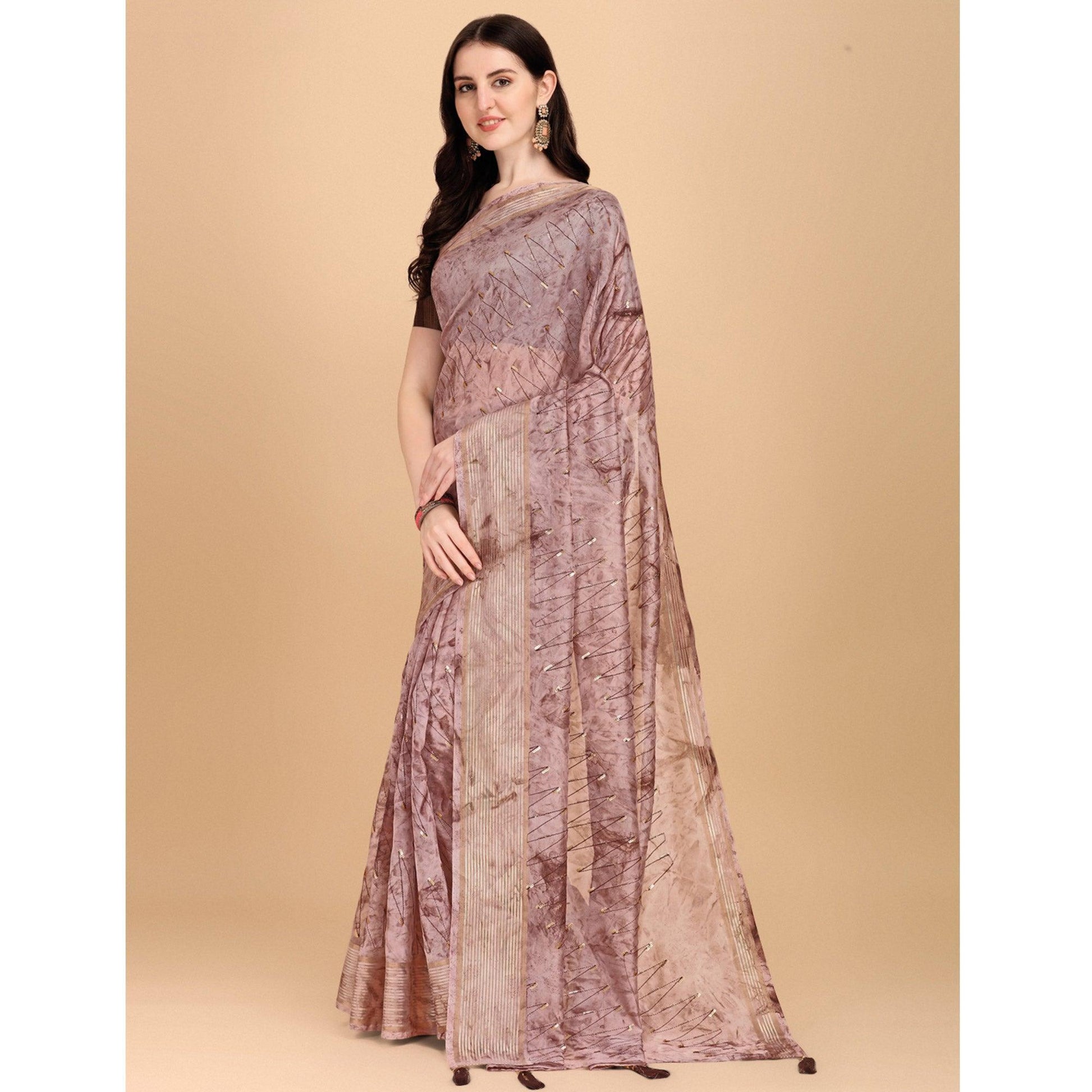 Brown Sequins Embroidered Organza Saree