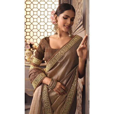 Brown Sequins Embroidered Organza Saree
