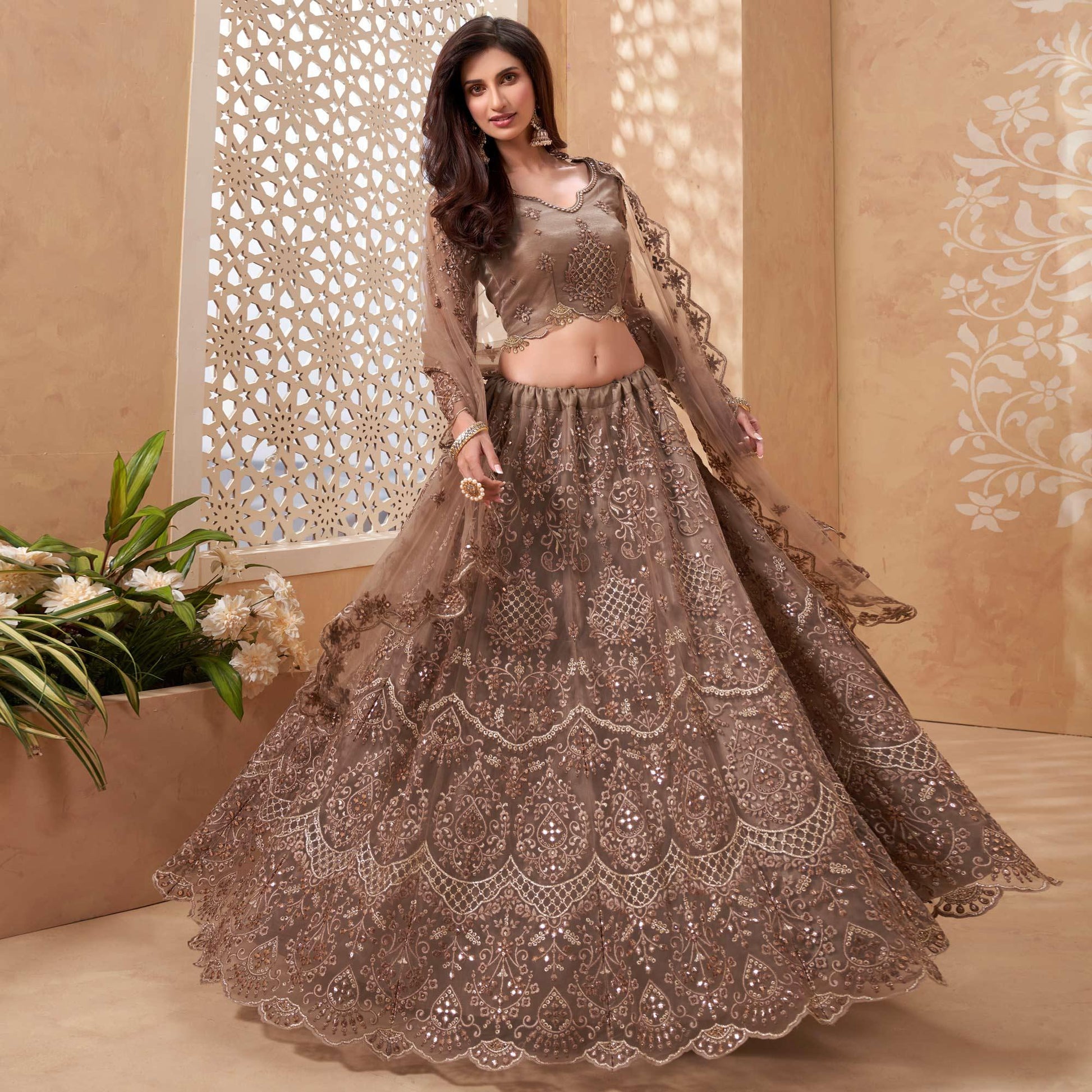 Brown Sequins Floral Embroidered Net Lehenga Choli