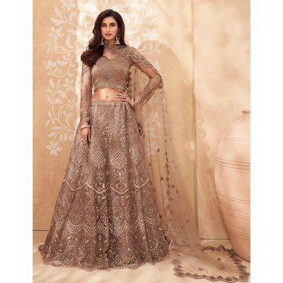 Brown Sequins Floral Embroidered Net Lehenga Choli