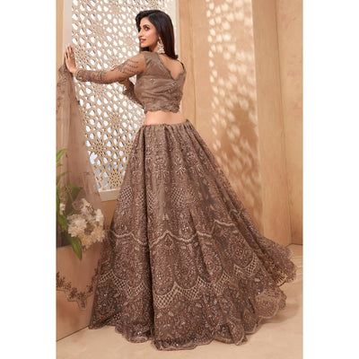 Brown Sequins Floral Embroidered Net Lehenga Choli