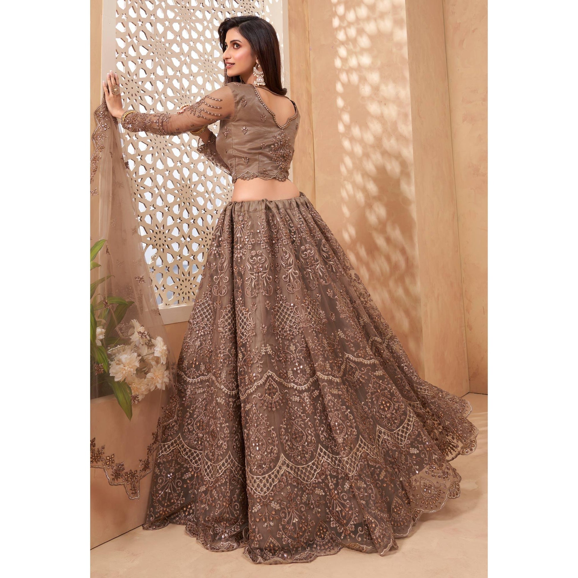 Brown Sequins Floral Embroidered Net Lehenga Choli
