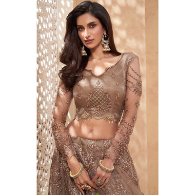 Brown Sequins Floral Embroidered Net Lehenga Choli