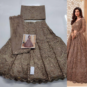 Brown Sequins Floral Embroidered Net Lehenga Choli