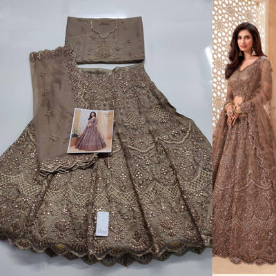 Brown Sequins Floral Embroidered Net Lehenga Choli