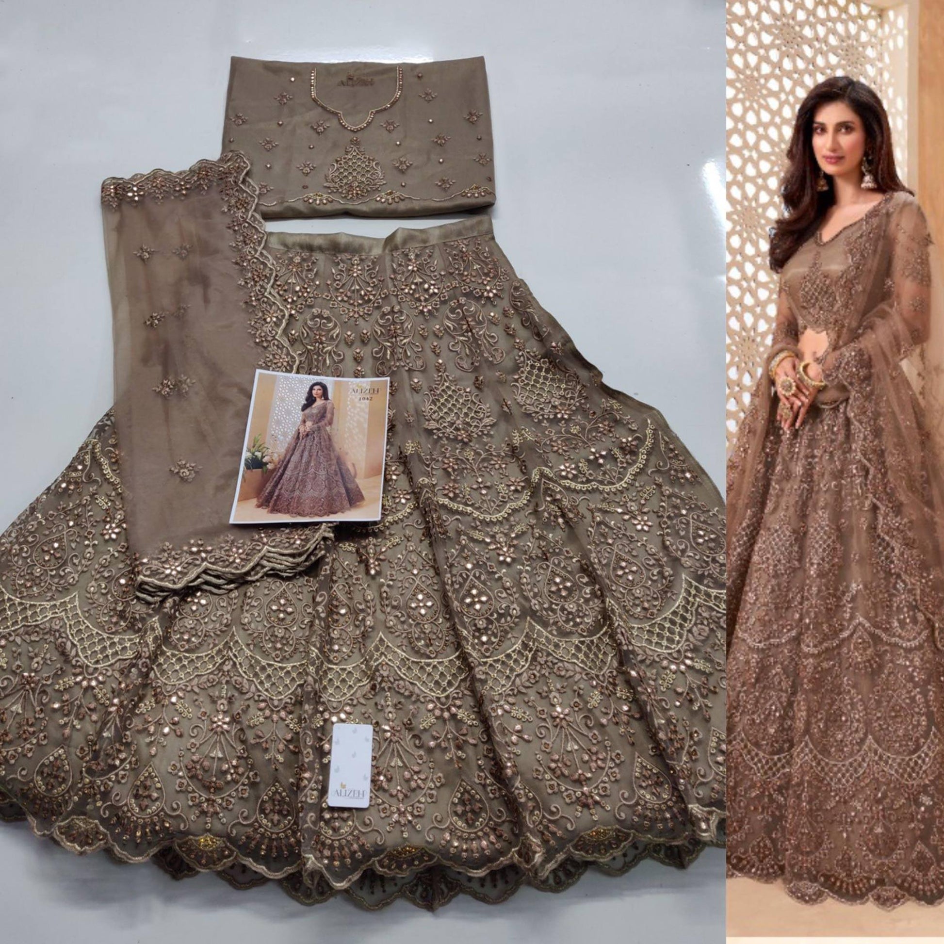 Brown Sequins Floral Embroidered Net Lehenga Choli