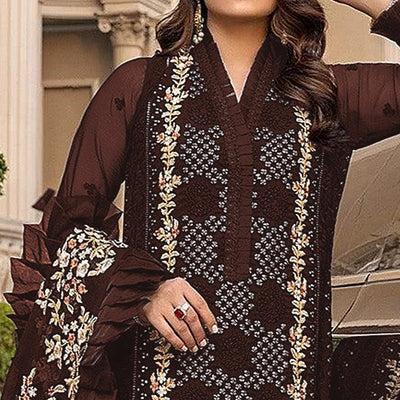 Brown Sequins With Floral Embroidered Georgette Pakistani Suit