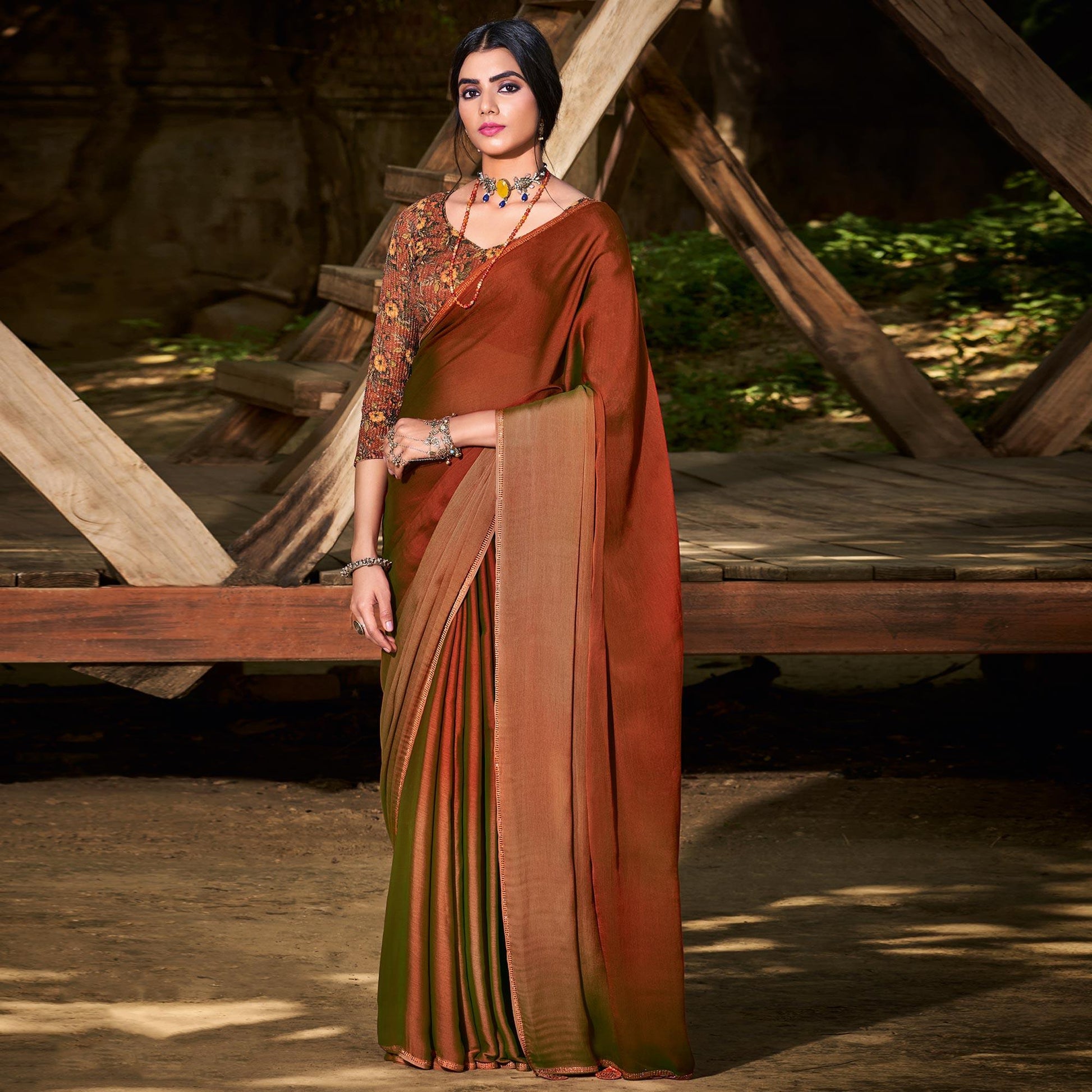 Brown Solid Chiffon Saree