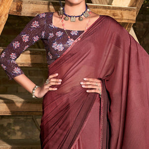 Brown Solid Chiffon Saree