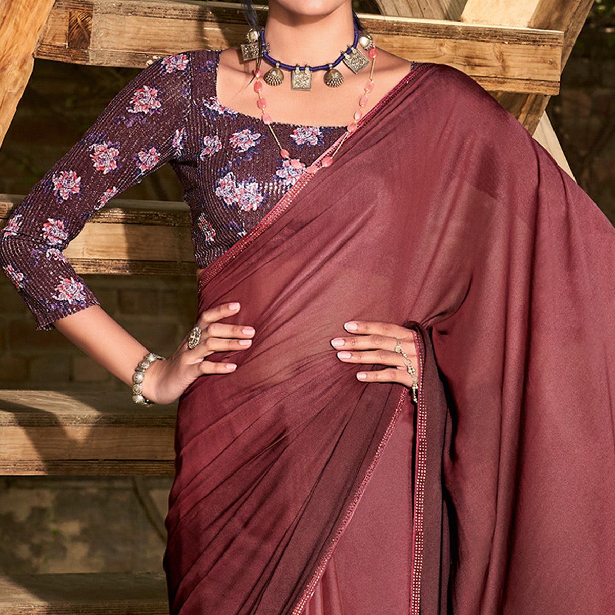 Brown Solid Chiffon Saree
