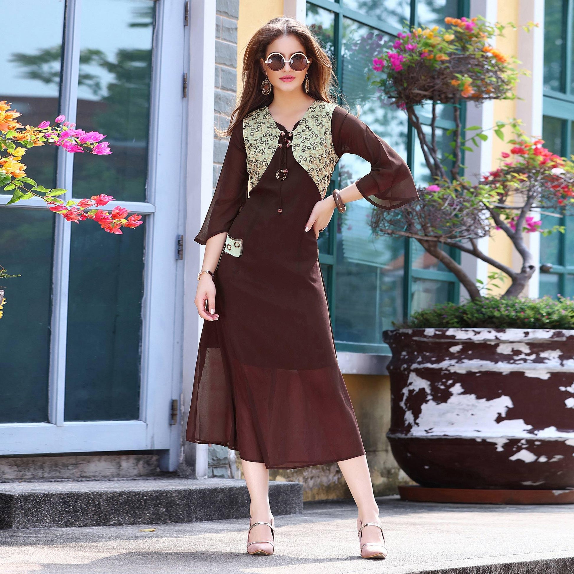 Brown Solid Georgette Kurti