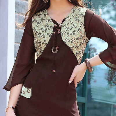 Brown Solid Georgette Kurti