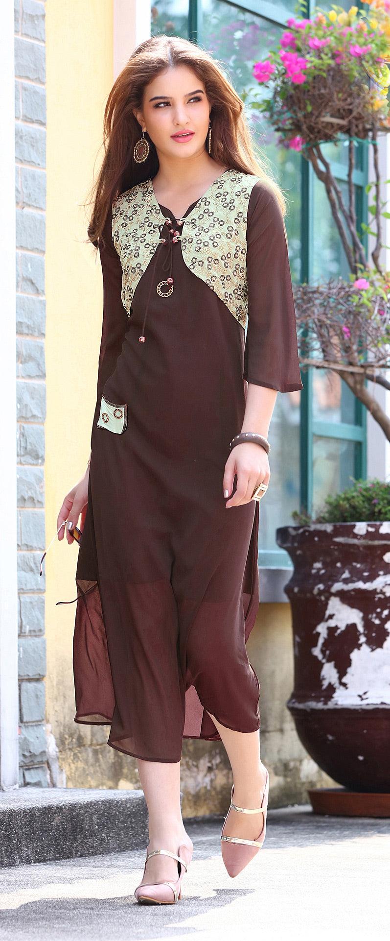 Brown Solid Georgette Kurti