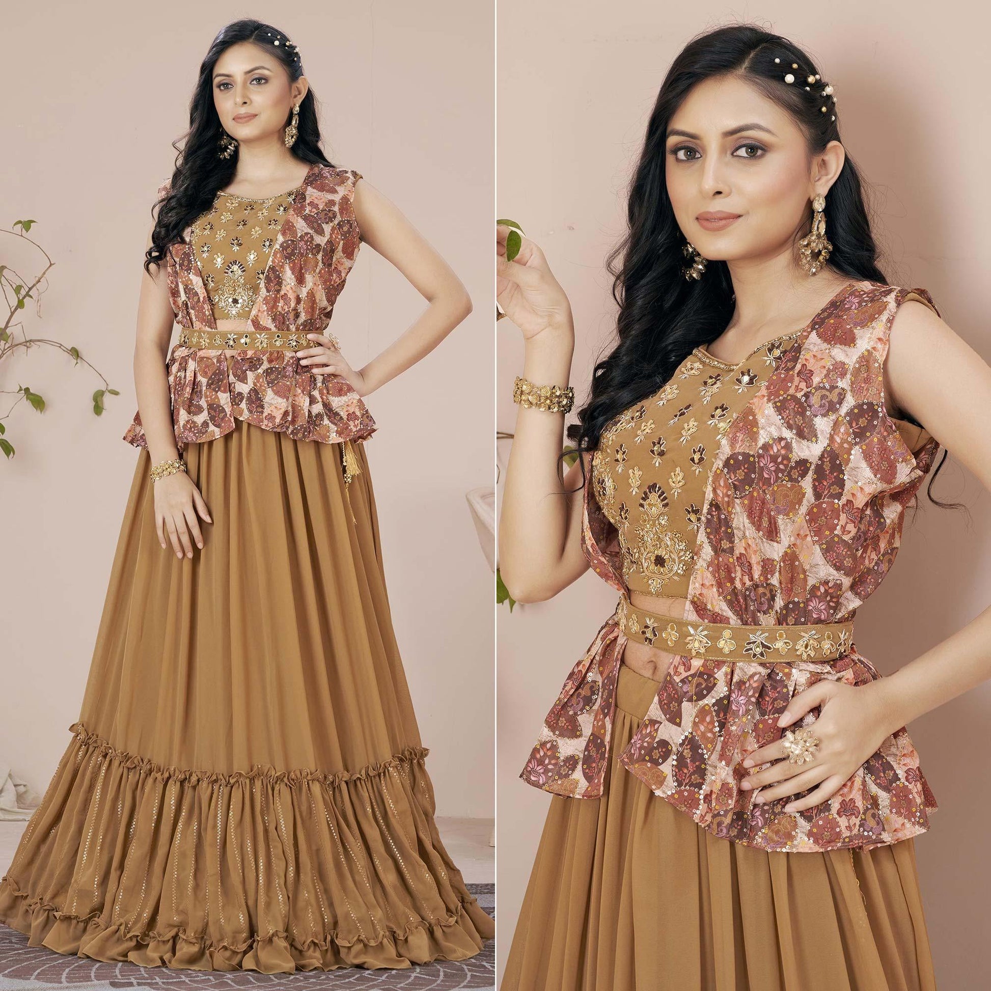 Brown Solid Georgette Lehenga Choli