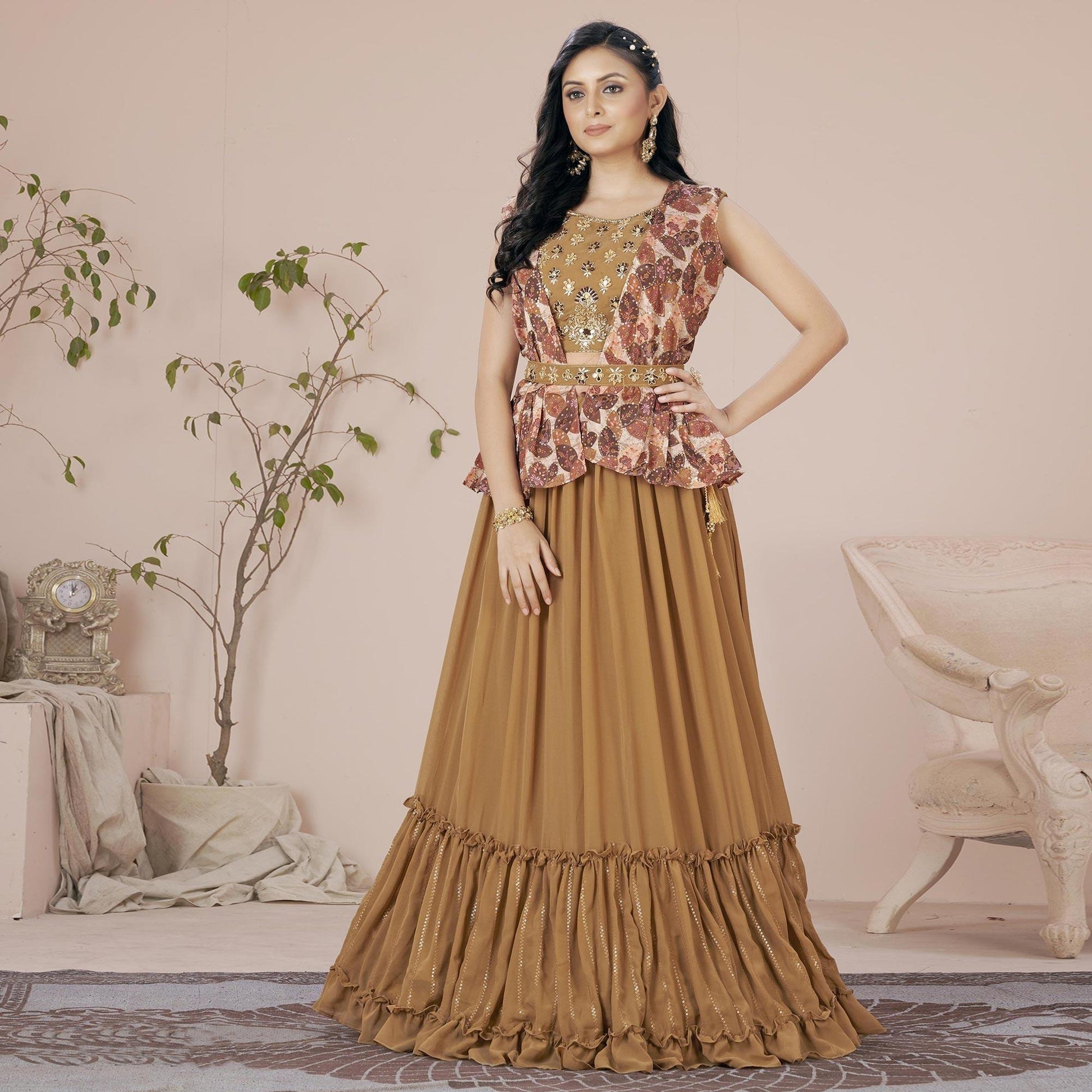 Brown Solid Georgette Lehenga Choli