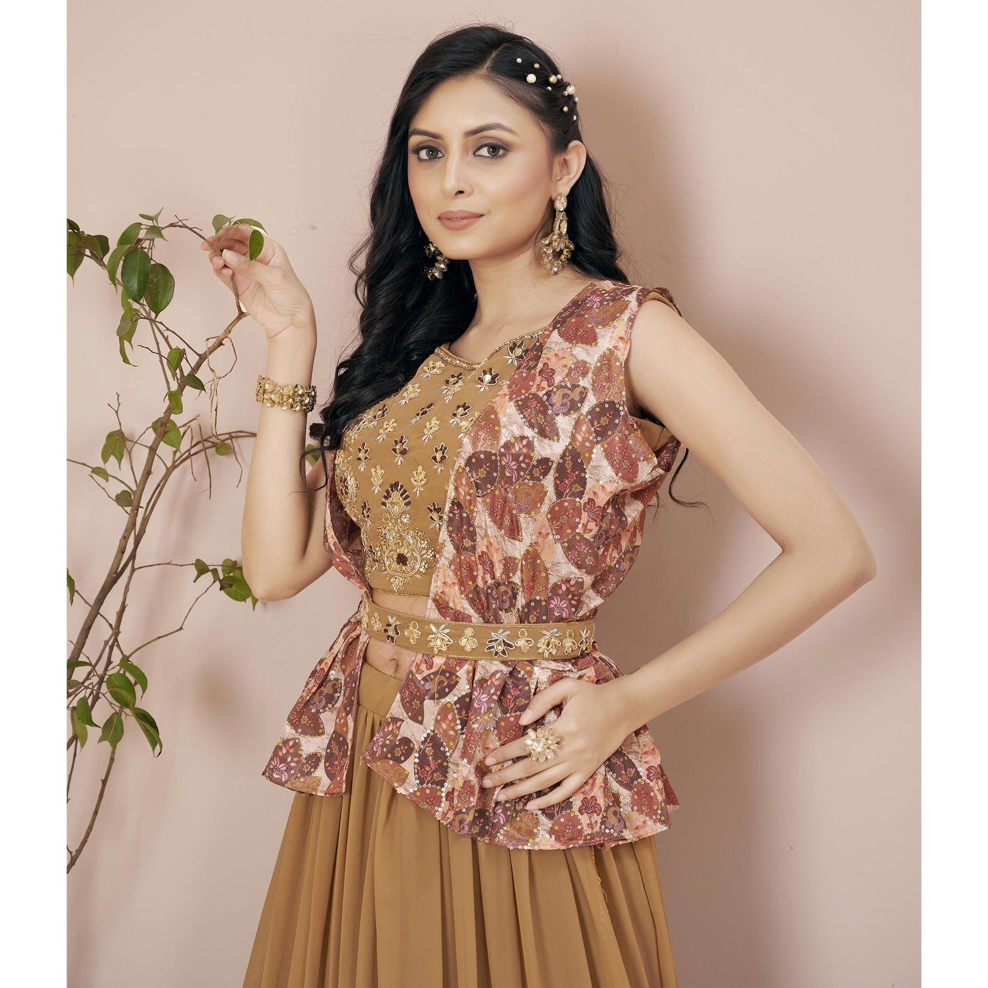 Brown Solid Georgette Lehenga Choli