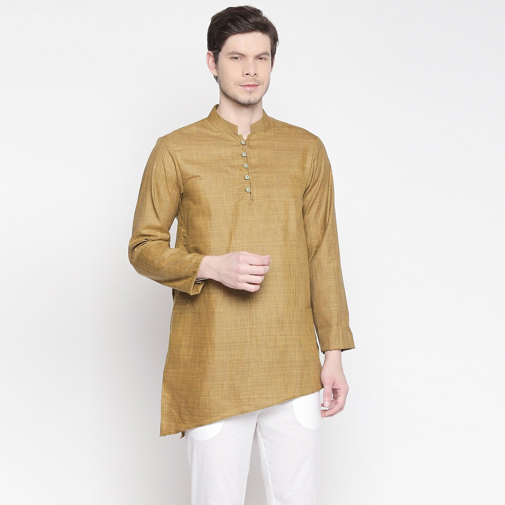 Brown Solid Pure Cotton Kurta With Asymmetric Hem