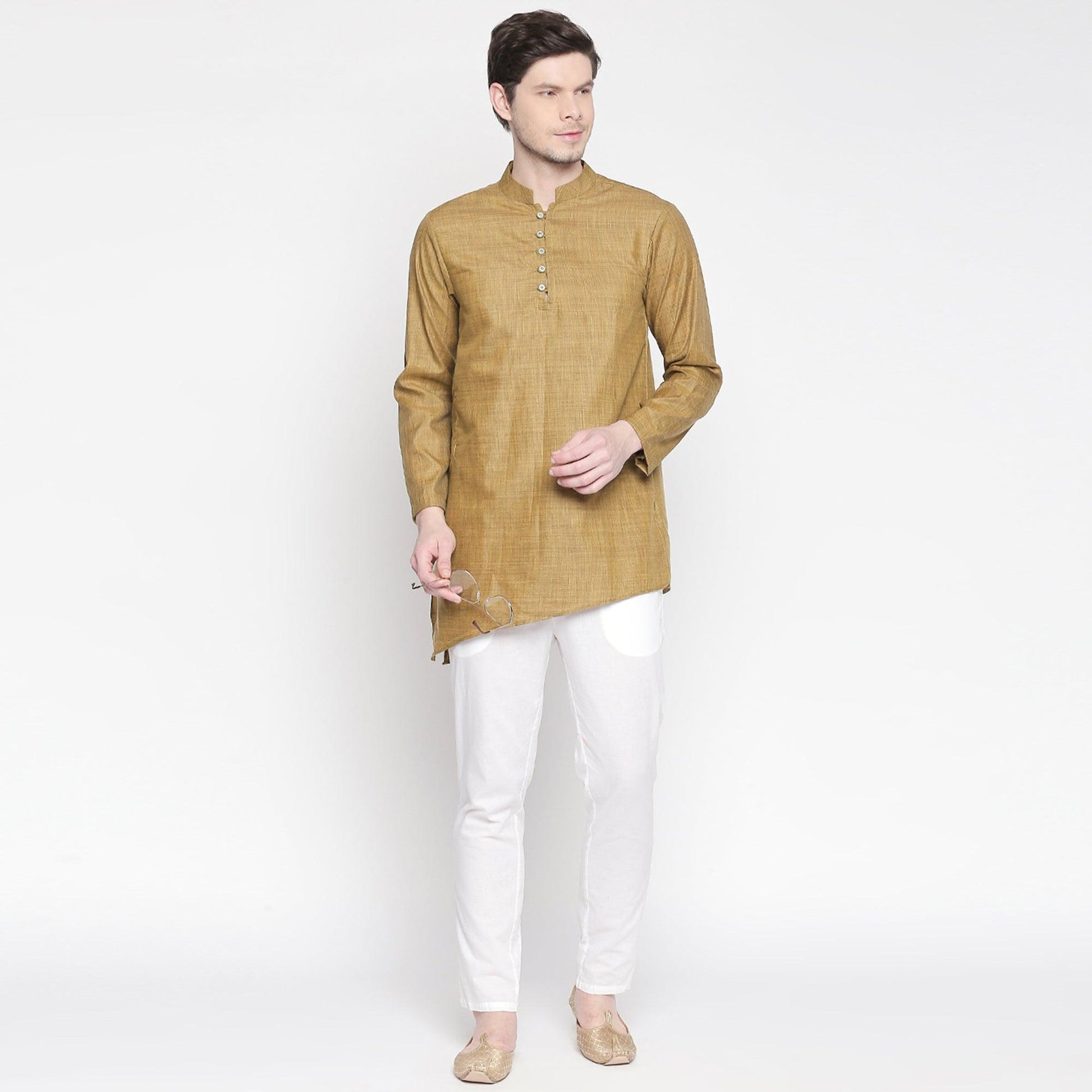 Brown Solid Pure Cotton Kurta With Asymmetric Hem