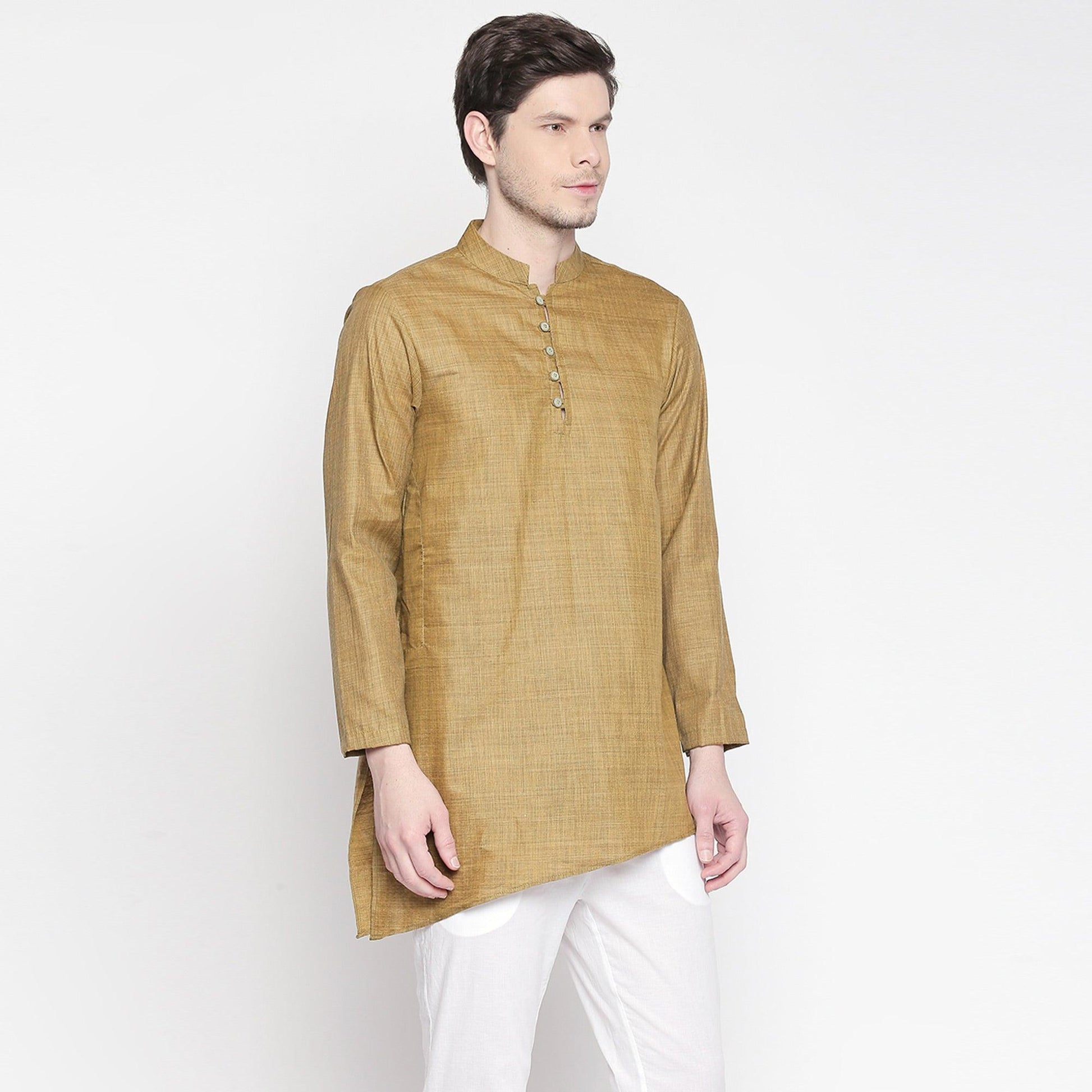 Brown Solid Pure Cotton Kurta With Asymmetric Hem