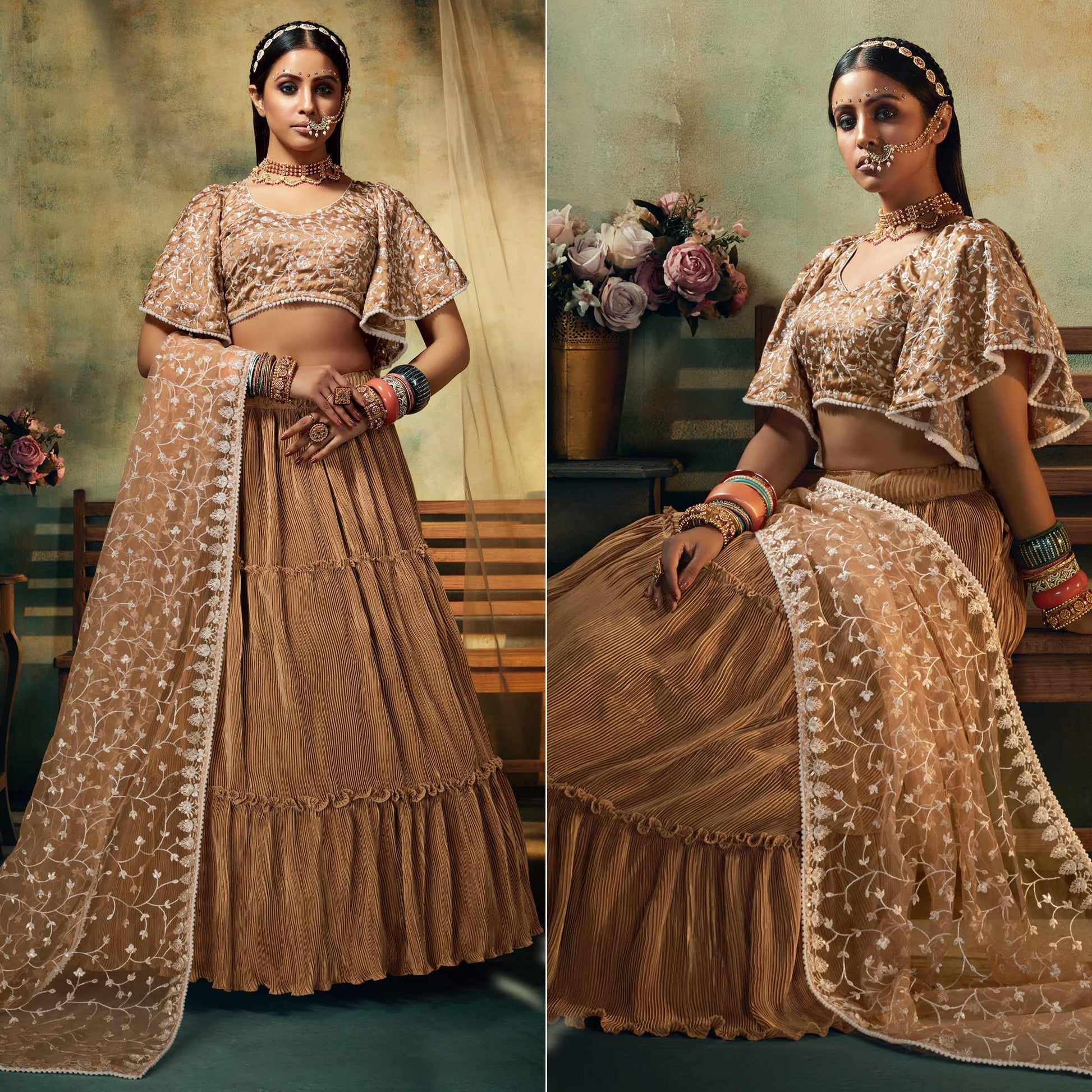 Brown Solid Satin Lehenga Choli