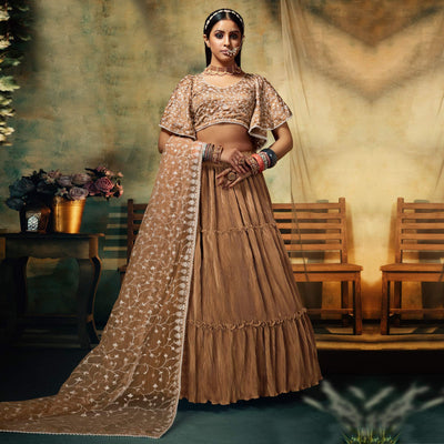 Brown Solid Satin Lehenga Choli