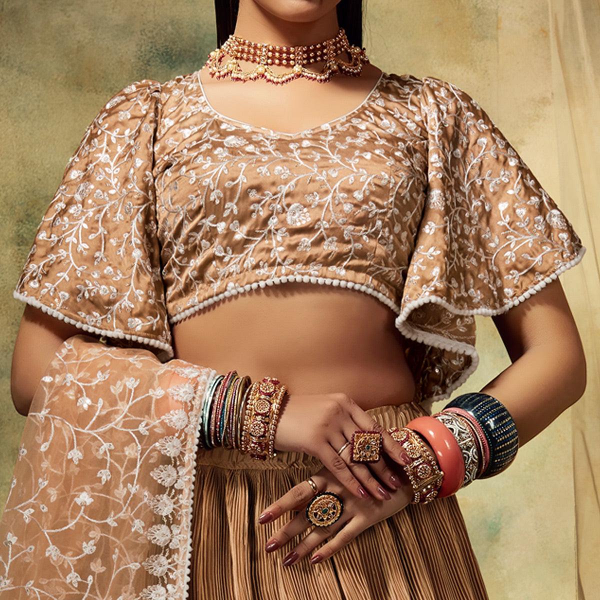 Brown Solid Satin Lehenga Choli