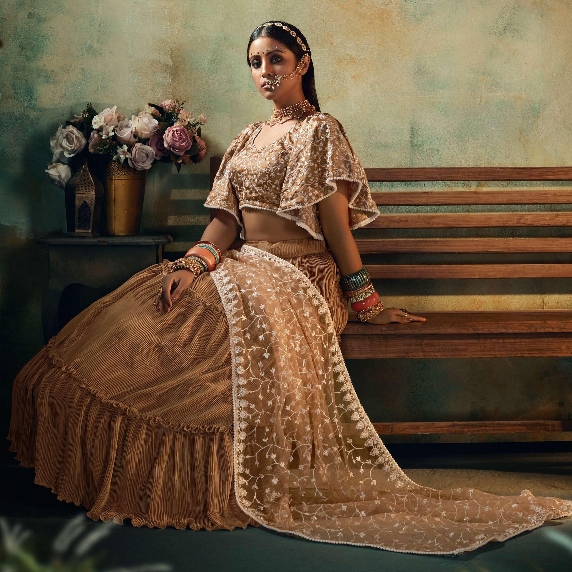 Brown Solid Satin Lehenga Choli