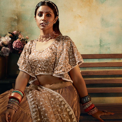 Brown Solid Satin Lehenga Choli