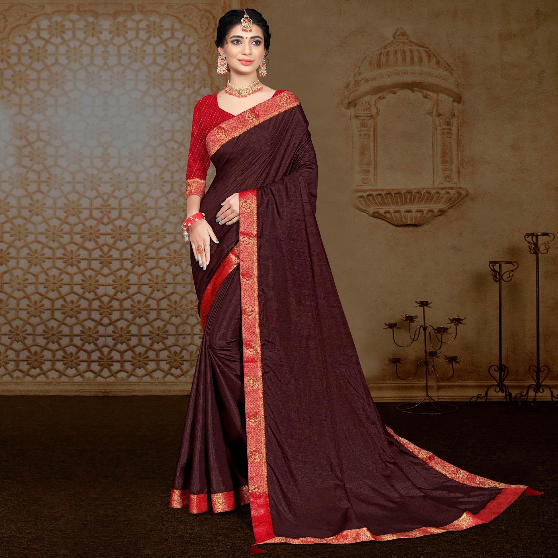 Brown Solid Vichitra Silk Saree