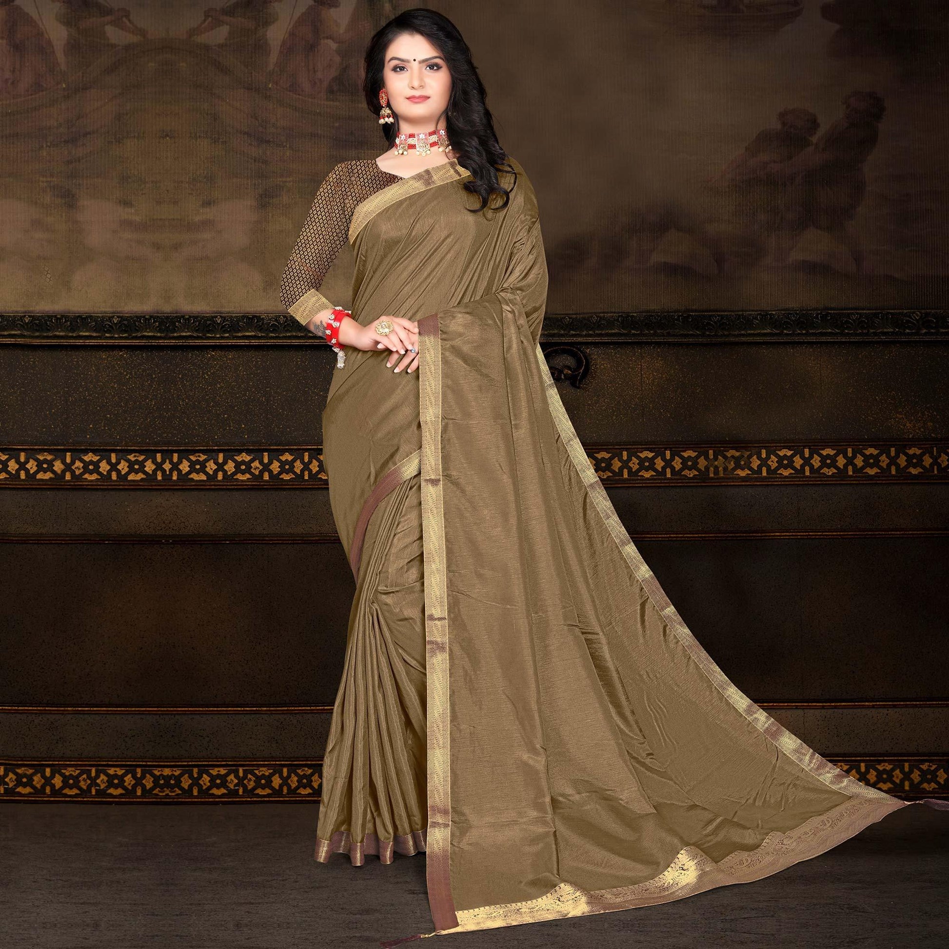 Brown Solid Vichitra Silk Saree