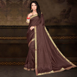 Brown Solid Vichitra Silk Saree