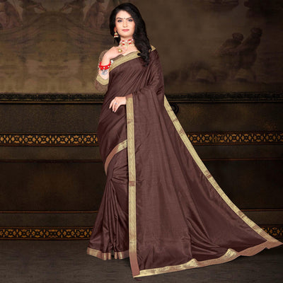 Brown Solid Vichitra Silk Saree