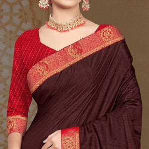 Brown Solid Vichitra Silk Saree
