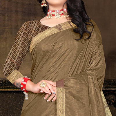 Brown Solid Vichitra Silk Saree